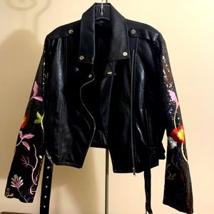 Faux leather jacket with black sequenced sleeves